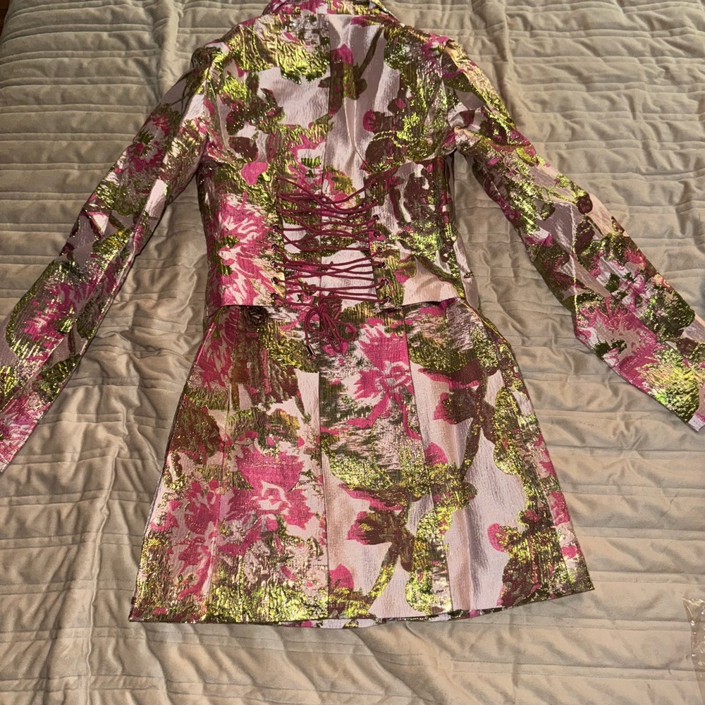 AKIRA Pink Green Metallic Long Sleeve Floral Mini Dress